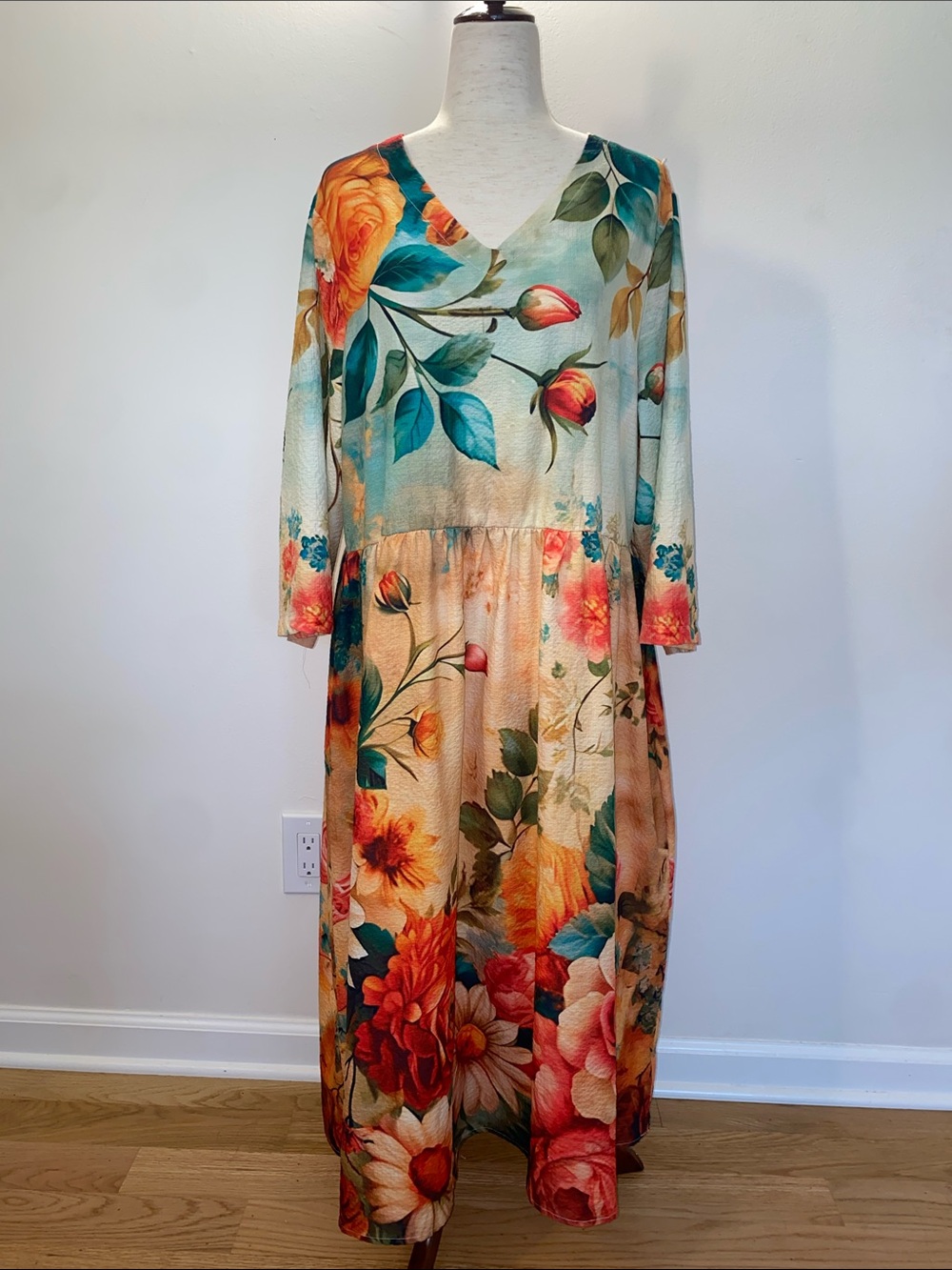 Amazon Essentials Floral V-Neck Midi Dress in Teal and Coral and Cream